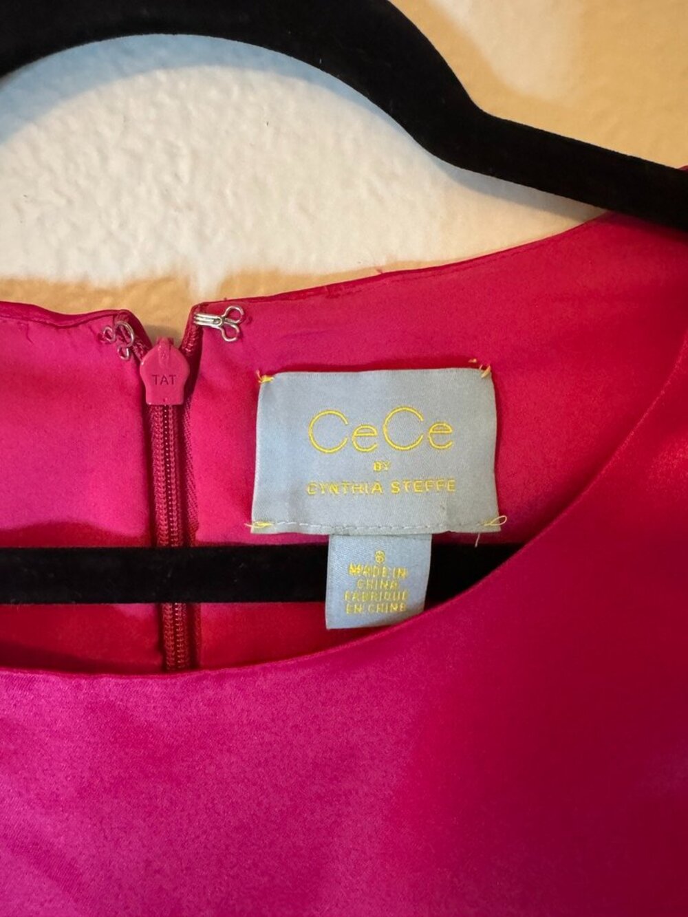 Cece Fuschia Satin Sleeveless Sheath MIni Dress Drop Waist Ruffle Hem Size 8 - Picture 12 of 14